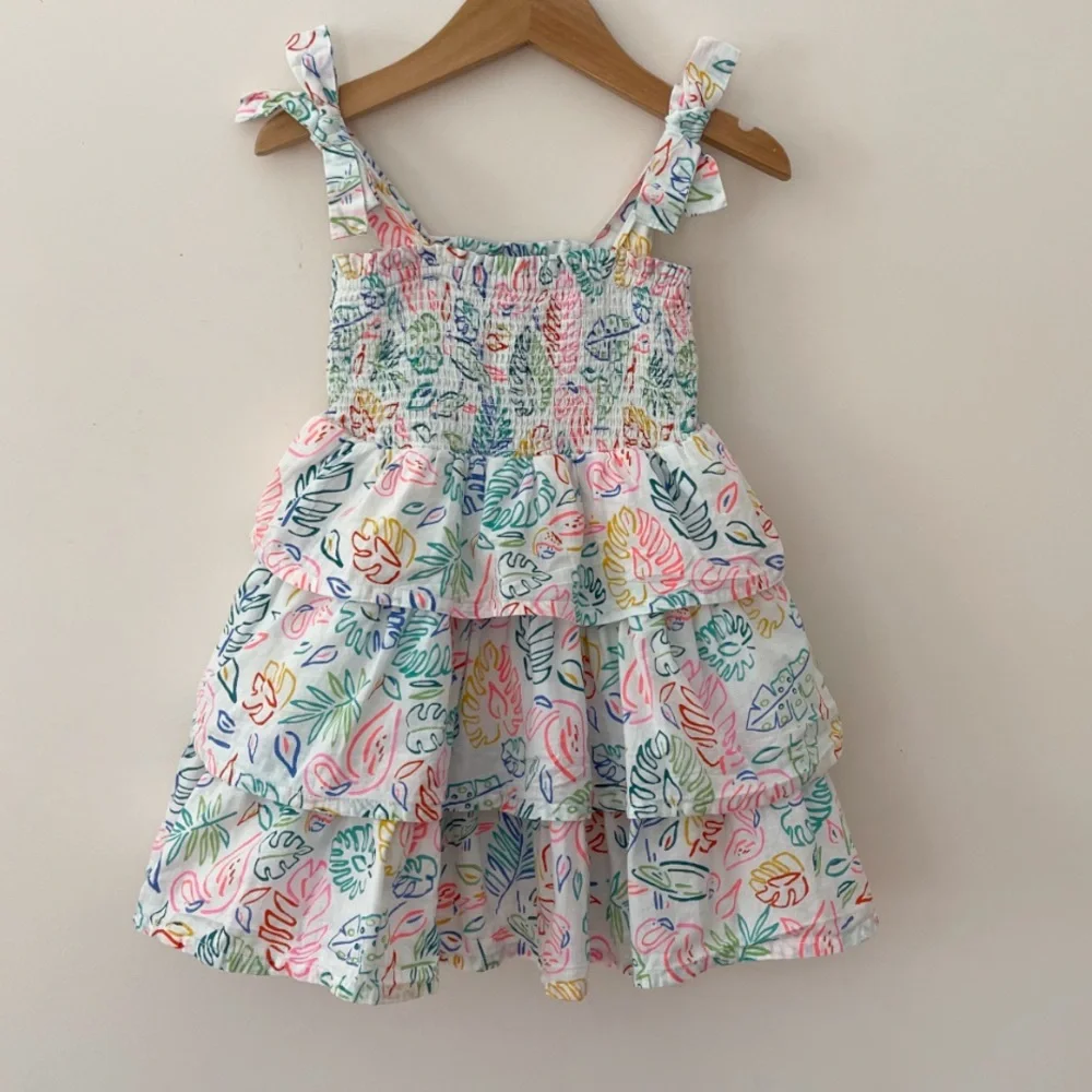 Andy & Evan White Tiered Sundress with Pink, Blue & Green Leaf Print